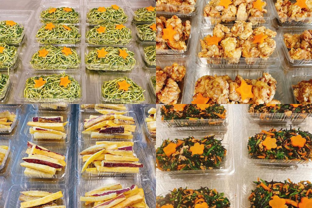 こどもごはんの販売メニュー例。左上から時計回りで「ほうれん草のグリーンパスタ」「特製フライドチキン」「さっぱり梅ひじき」「さつまいもスティック」